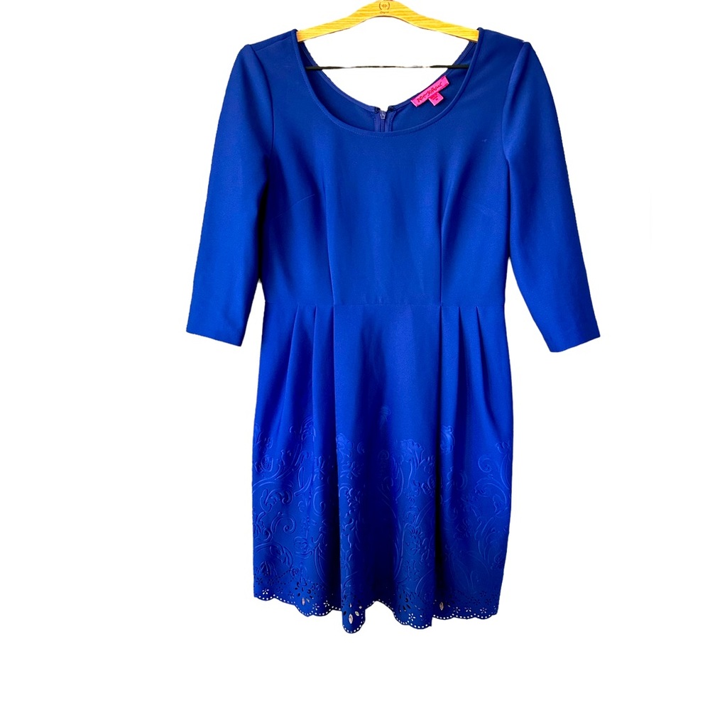 Betsey Johnson Sapphire Blue Embossed Dress, Laser Cutout Scalloped Hem Size 10